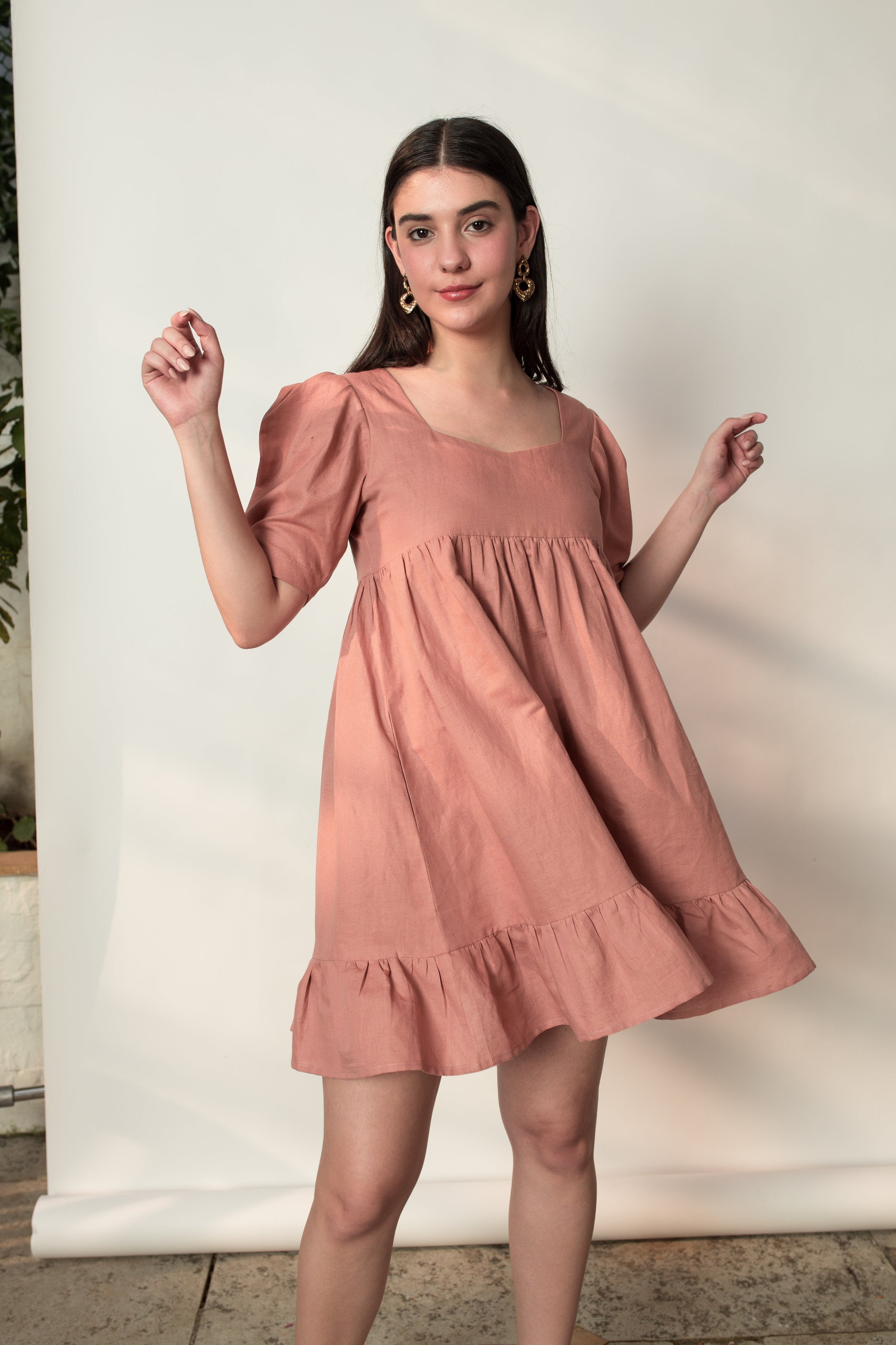 Pink Mini Dress with Pleats by Anushé Pirani with Cotton Hemp, Dresses, Mini Dress, Nostalgic Whispers, Nostalgic Whispers by Anushe Pirani, Pink, solid, Womenswear at Kamakhyaa for sustainable fashion