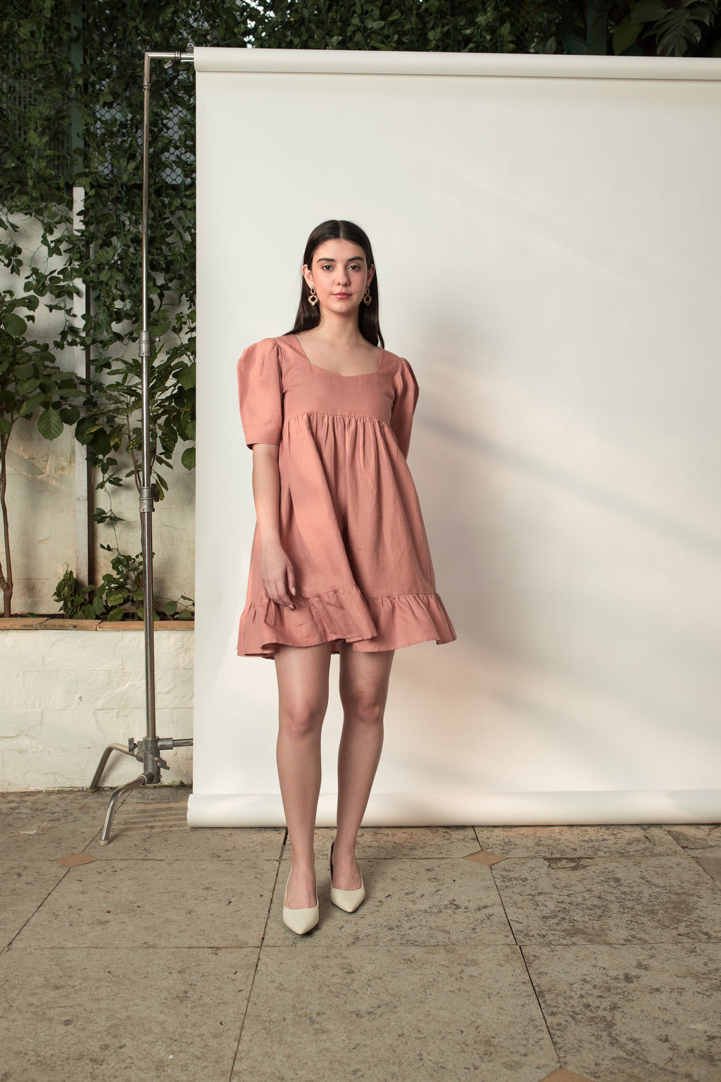 Pink Mini Dress with Pleats by Anushé Pirani with Cotton Hemp, Dresses, Mini Dress, Nostalgic Whispers, Nostalgic Whispers by Anushe Pirani, Pink, solid, Womenswear at Kamakhyaa for sustainable fashion