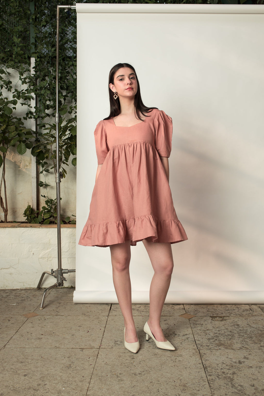 Pink Mini Dress with Pleats by Anushé Pirani with Cotton Hemp, Dresses, Mini Dress, Nostalgic Whispers, Nostalgic Whispers by Anushe Pirani, Pink, solid, Womenswear at Kamakhyaa for sustainable fashion