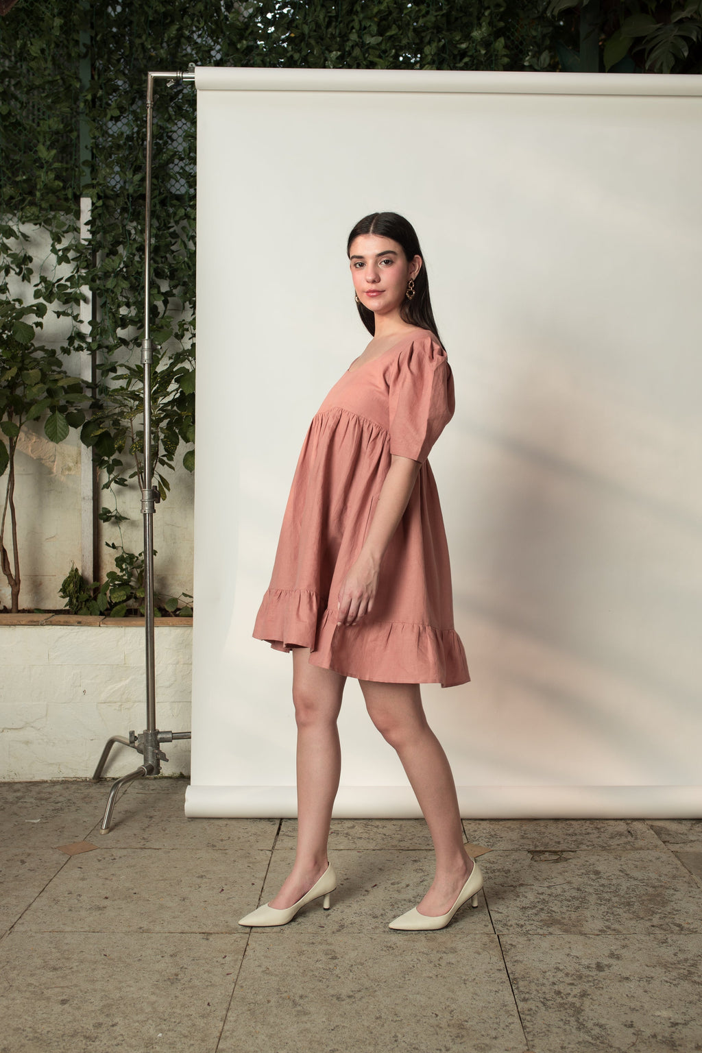 Pink Mini Dress with Pleats by Anushé Pirani with Cotton Hemp, Dresses, Mini Dress, Nostalgic Whispers, Nostalgic Whispers by Anushe Pirani, Pink, solid, Womenswear at Kamakhyaa for sustainable fashion