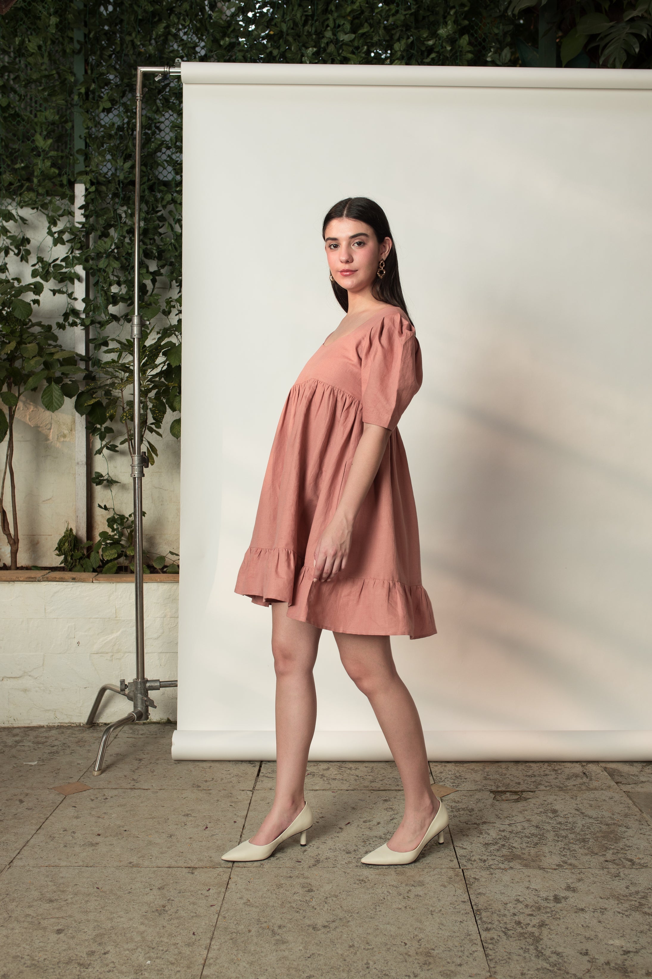 Pink Mini Dress with Pleats by Anushé Pirani with Cotton Hemp, Dresses, Mini Dress, Nostalgic Whispers, Nostalgic Whispers by Anushe Pirani, Pink, solid, Womenswear at Kamakhyaa for sustainable fashion