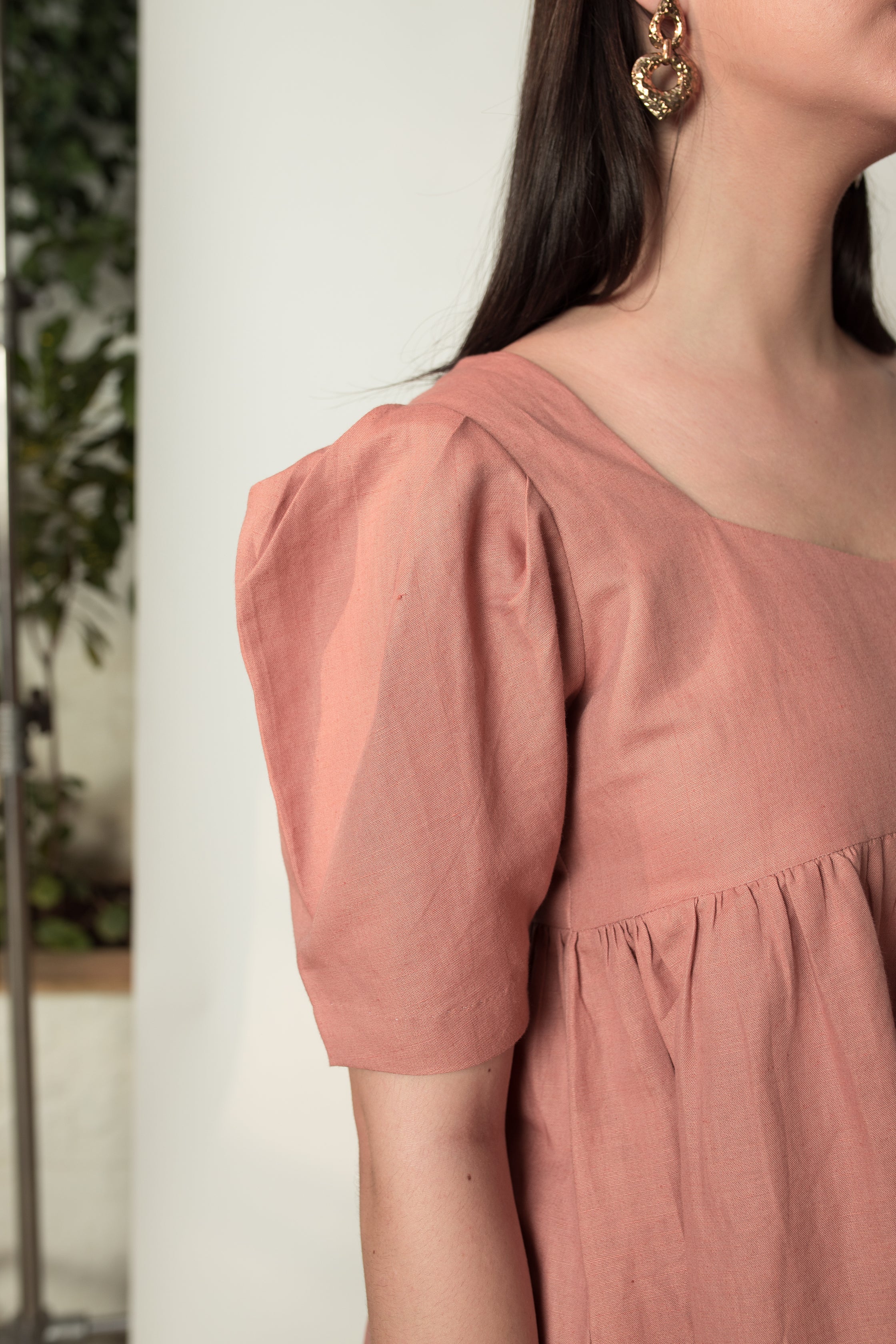Pink Mini Dress with Pleats by Anushé Pirani with Cotton Hemp, Dresses, Mini Dress, Nostalgic Whispers, Nostalgic Whispers by Anushe Pirani, Pink, solid, Womenswear at Kamakhyaa for sustainable fashion