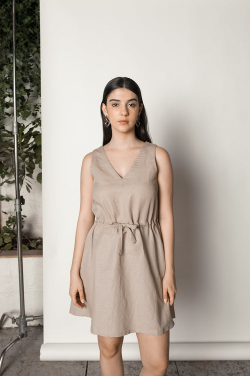 Beige Sundress by Anushé Pirani with Beige, Cotton Hemp, Dresses, Mini Dress, Nostalgic Whispers, Nostalgic Whispers by Anushe Pirani, Regular Fit, solid, Womenswear at Kamakhyaa for sustainable fashion