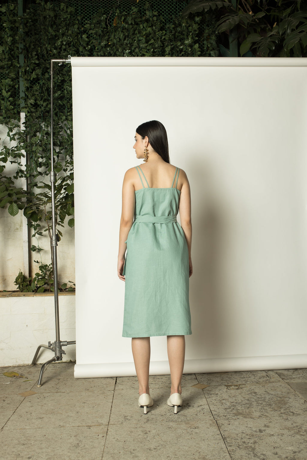 Blue Midi Dress with Slit by Anushé Pirani with Belts, Dresses, Green, Hemp, Midi Dresses, Nostalgic Whispers by Anushe Pirani, Regular Fit, solid, Womenswear at Kamakhyaa for sustainable fashion
