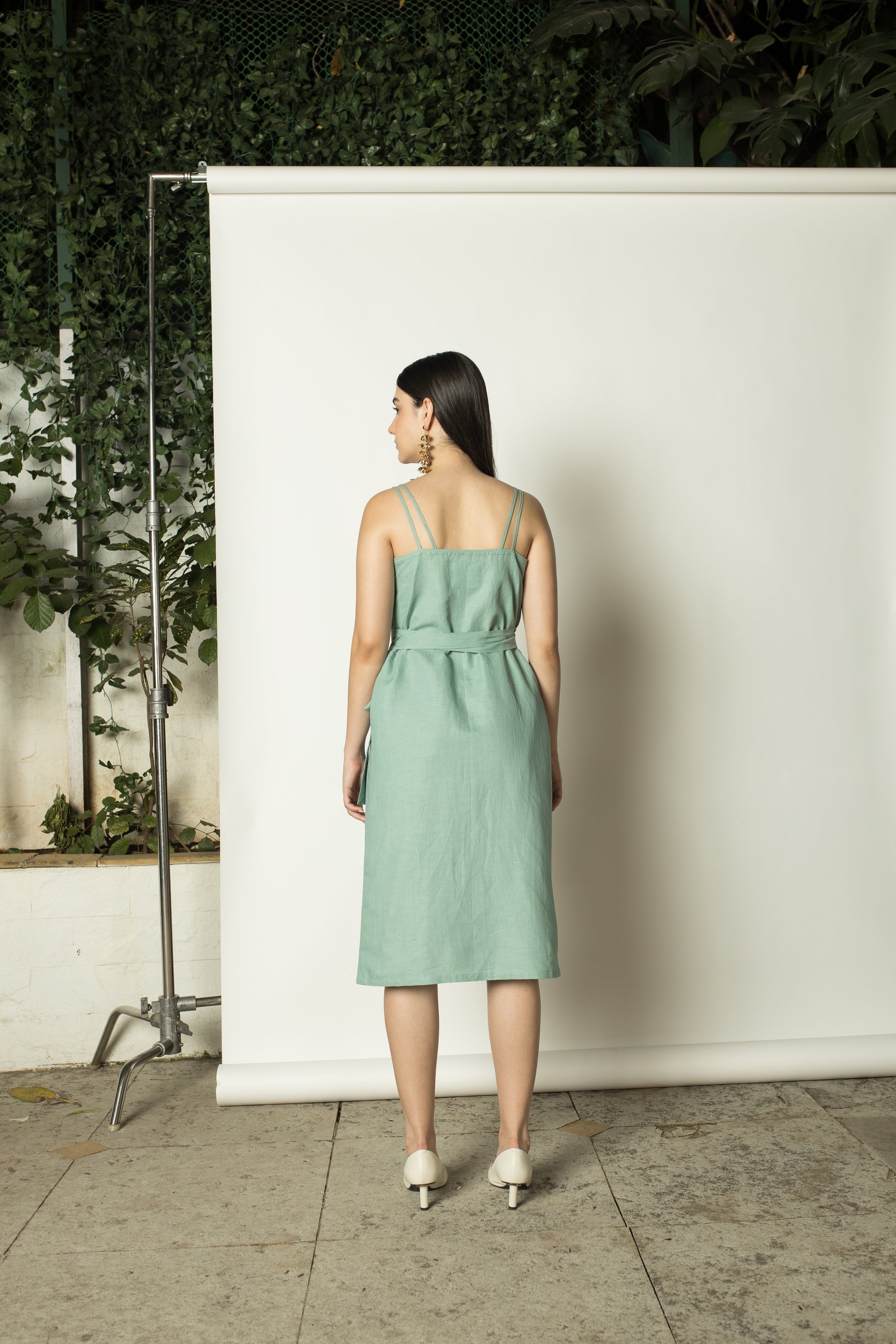 Blue Midi Dress with Slit by Anushé Pirani with Belts, Dresses, Green, Hemp, Midi Dresses, Nostalgic Whispers by Anushe Pirani, Regular Fit, solid, Womenswear at Kamakhyaa for sustainable fashion