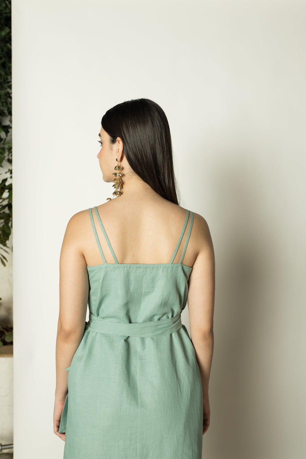 Blue Midi Dress with Slit by Anushé Pirani with Belts, Dresses, Green, Hemp, Midi Dresses, Nostalgic Whispers by Anushe Pirani, Regular Fit, solid, Womenswear at Kamakhyaa for sustainable fashion