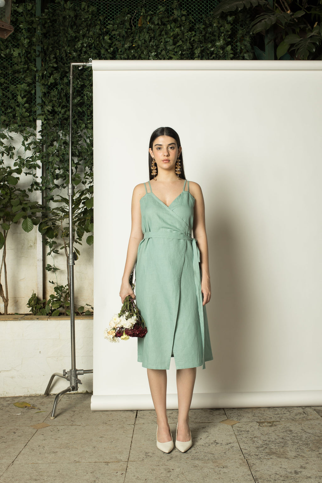 Blue Midi Dress with Slit by Anushé Pirani with Belts, Dresses, Green, Hemp, Midi Dresses, Nostalgic Whispers by Anushe Pirani, Regular Fit, solid, Womenswear at Kamakhyaa for sustainable fashion