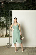 Blue Midi Dress with Slit by Anushé Pirani with Belts, Dresses, Green, Hemp, Midi Dresses, Nostalgic Whispers by Anushe Pirani, Regular Fit, solid, Womenswear at Kamakhyaa for sustainable fashion