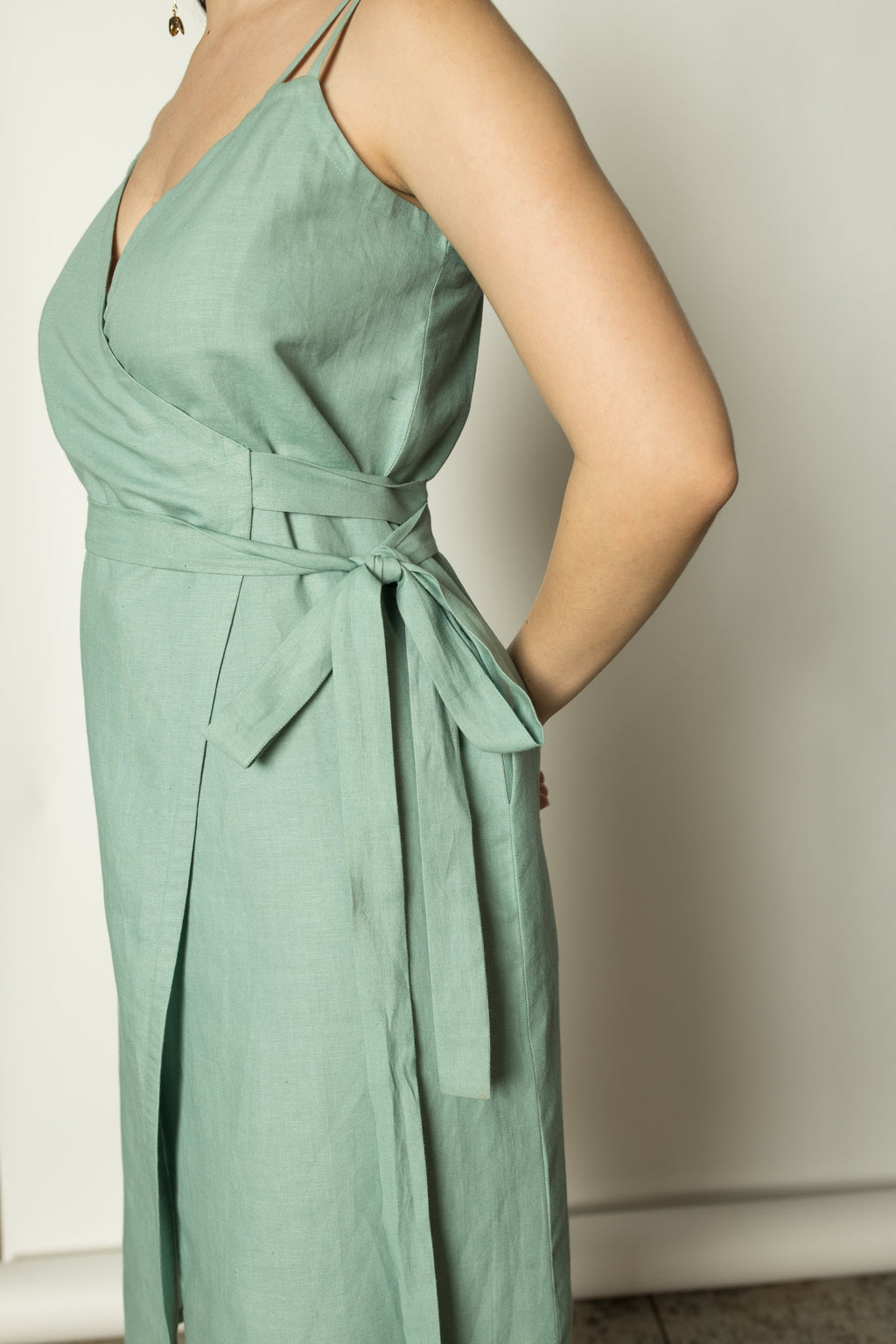 Blue Midi Dress with Slit by Anushé Pirani with Belts, Dresses, Green, Hemp, Midi Dresses, Nostalgic Whispers by Anushe Pirani, Regular Fit, solid, Womenswear at Kamakhyaa for sustainable fashion