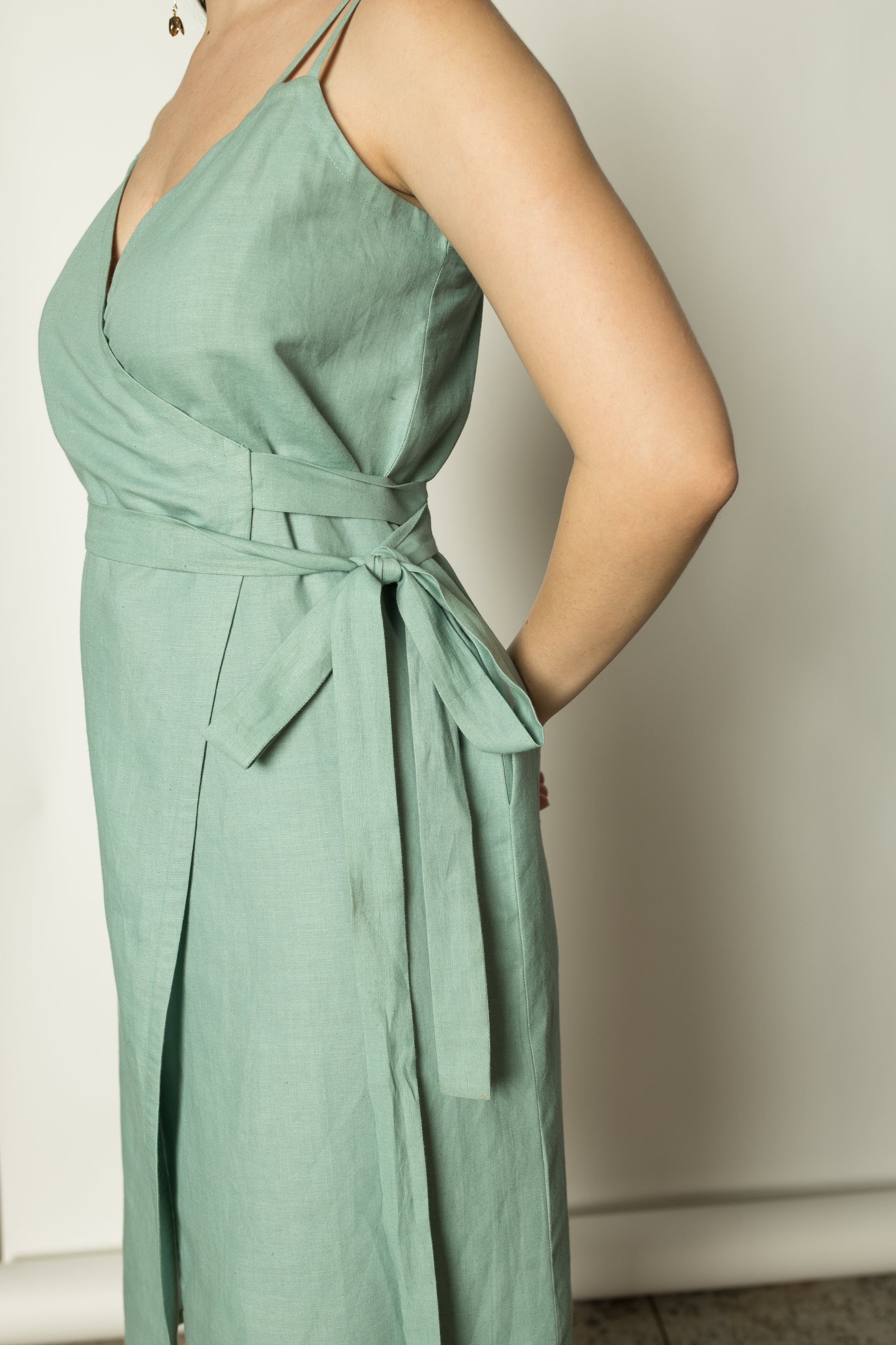Blue Midi Dress with Slit by Anushé Pirani with Belts, Dresses, Green, Hemp, Midi Dresses, Nostalgic Whispers by Anushe Pirani, Regular Fit, solid, Womenswear at Kamakhyaa for sustainable fashion