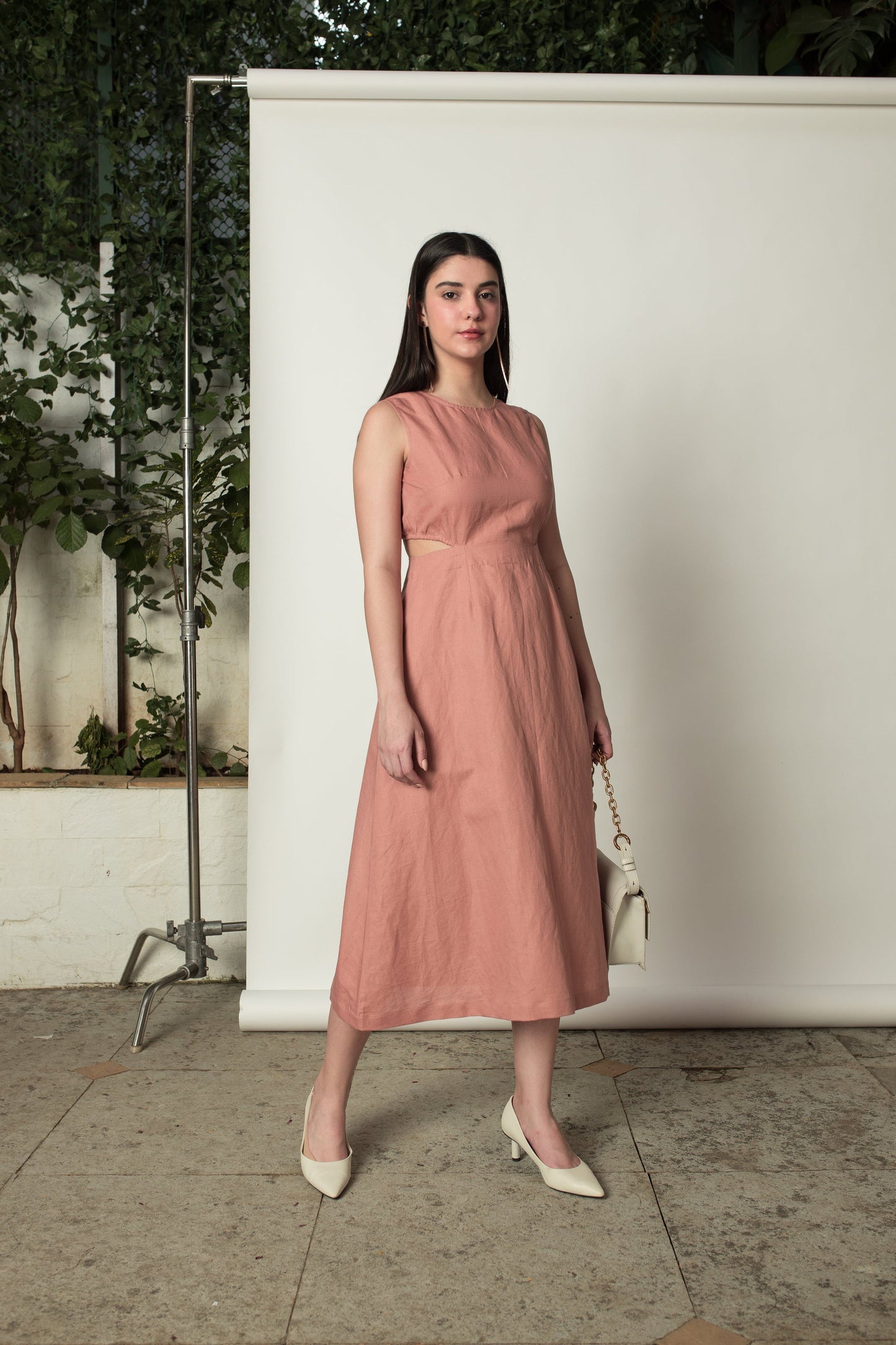 Pink Sleeveless Dress with Cut-Outs by Anushé Pirani with Cotton Hemp, Cut Out Dresses, Dresses, Maxi Dresses, Nostalgic Whispers, Nostalgic Whispers by Anushe Pirani, Pink, Sleeveless, solid, Womenswear at Kamakhyaa for sustainable fashion