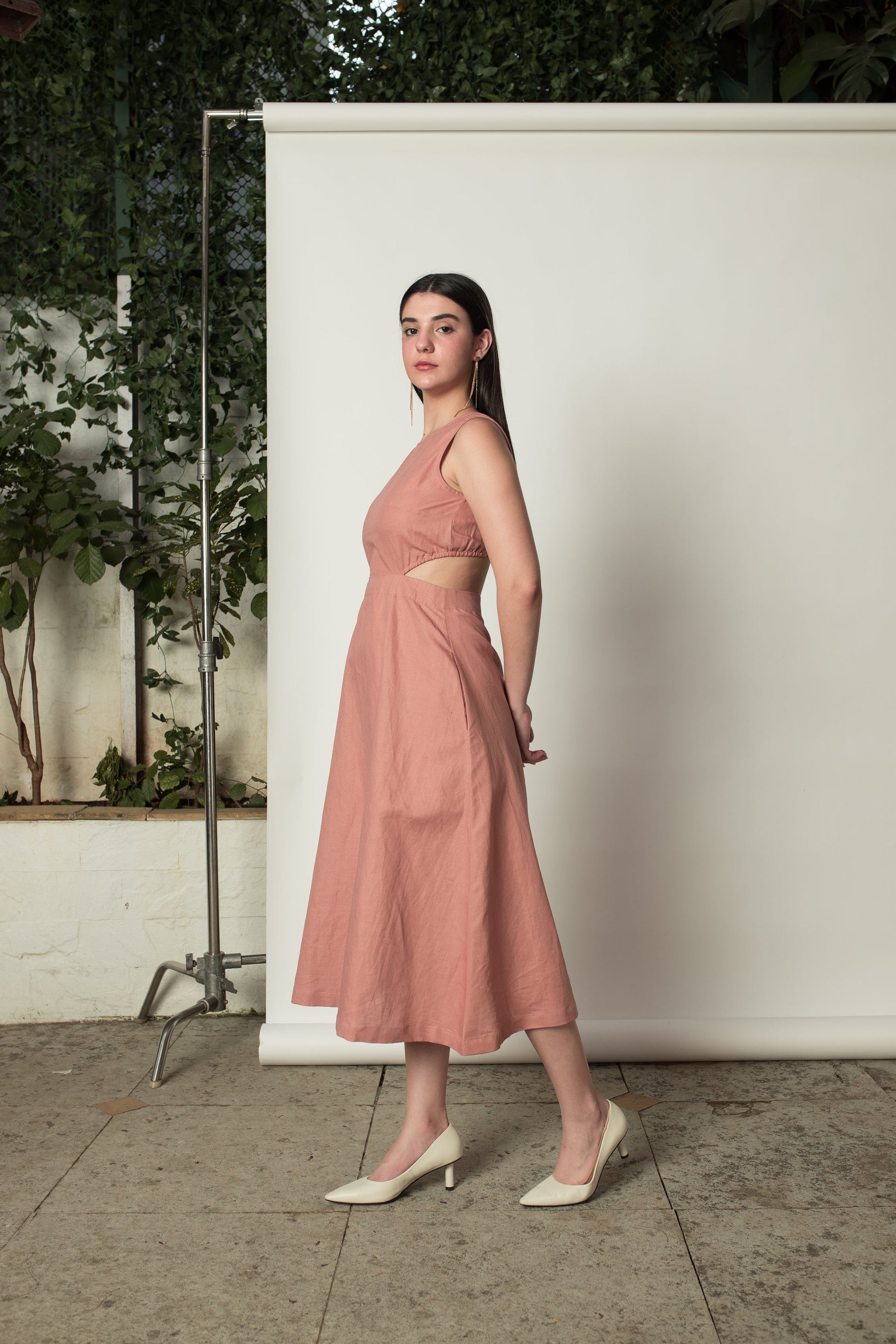 Pink Sleeveless Dress with Cut-Outs by Anushé Pirani with Cotton Hemp, Cut Out Dresses, Dresses, Maxi Dresses, Nostalgic Whispers, Nostalgic Whispers by Anushe Pirani, Pink, Sleeveless, solid, Womenswear at Kamakhyaa for sustainable fashion