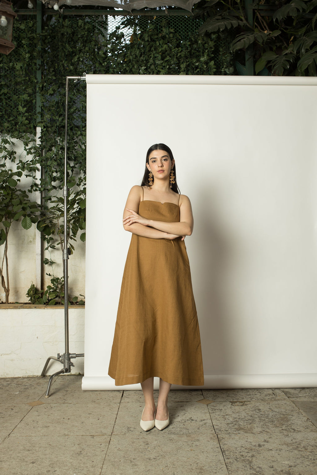 Yellow Sleeveless Slip Dress by Anushé Pirani with Cotton Hemp, Dresses, Nostalgic Whispers, Nostalgic Whispers by Anushe Pirani, Sleeveless, Slip Dress, solid, Womenswear, Yellow at Kamakhyaa for sustainable fashion
