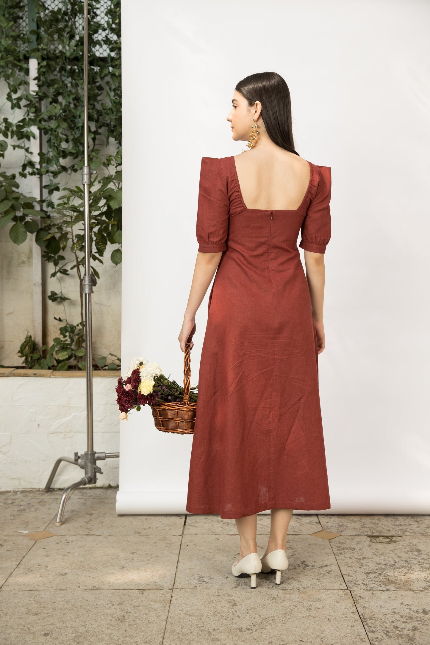 Red Midi Dress with Front Slit by Anushé Pirani with Cotton Hemp, Dresses, Midi Dresses, Nostalgic Whispers, Nostalgic Whispers by Anushe Pirani, Red, Regular Fit, solid, Womenswear at Kamakhyaa for sustainable fashion