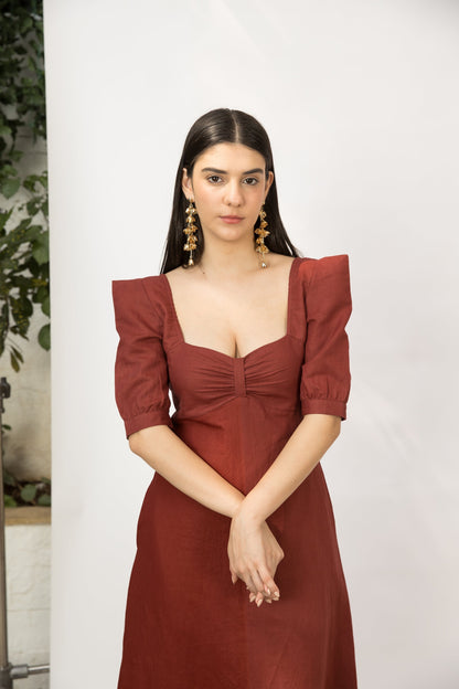 Red Midi Dress with Front Slit by Anushé Pirani with Cotton Hemp, Dresses, Midi Dresses, Nostalgic Whispers, Nostalgic Whispers by Anushe Pirani, Red, Regular Fit, solid, Womenswear at Kamakhyaa for sustainable fashion