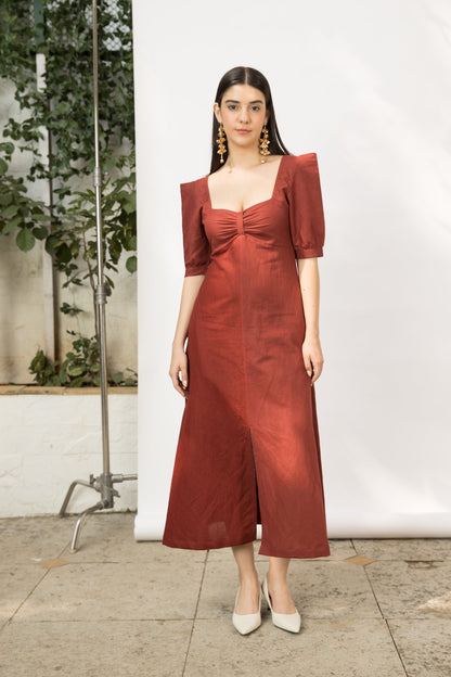 Red Midi Dress with Front Slit by Anushé Pirani with Cotton Hemp, Dresses, Midi Dresses, Nostalgic Whispers, Nostalgic Whispers by Anushe Pirani, Red, Regular Fit, solid, Womenswear at Kamakhyaa for sustainable fashion