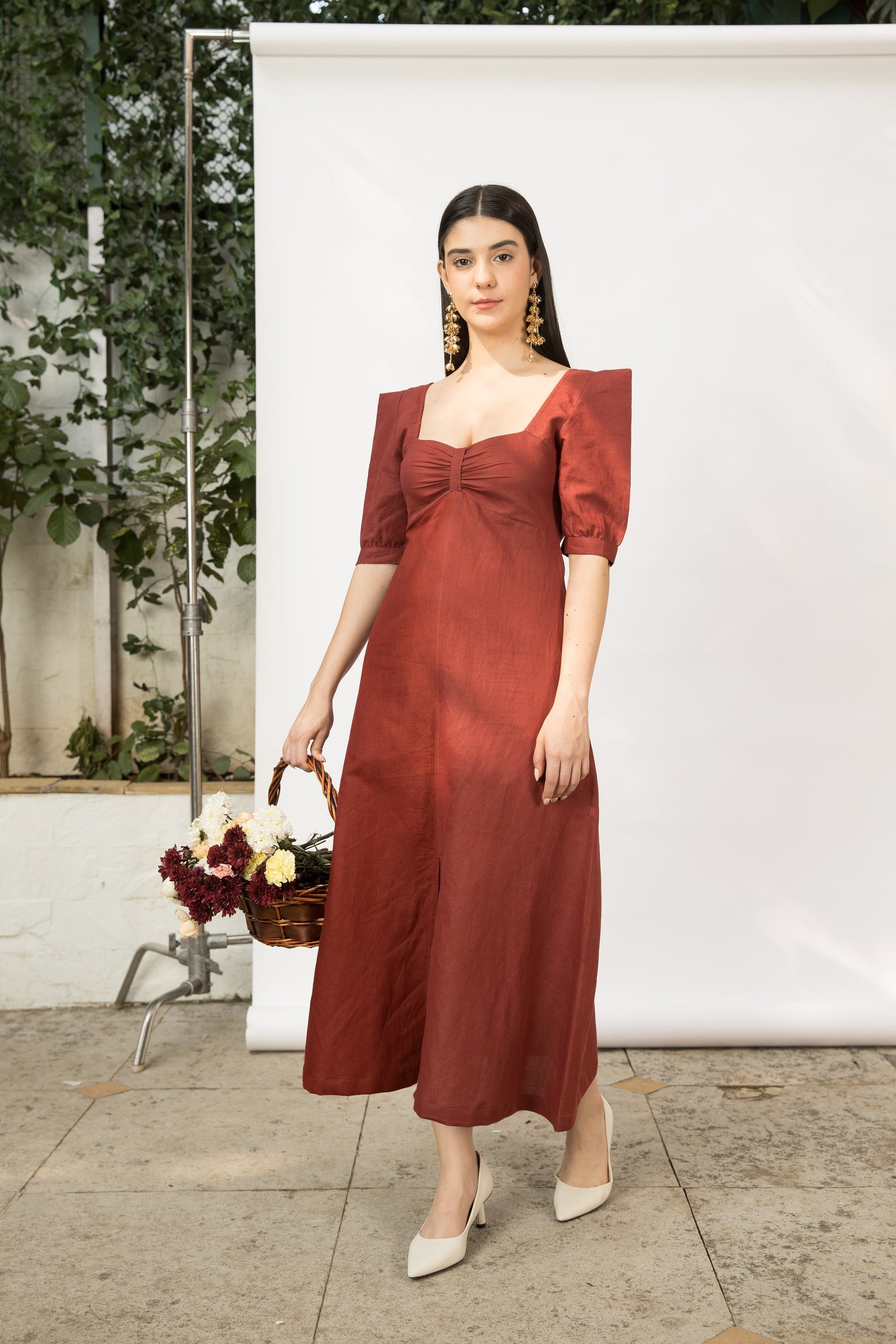 Red Midi Dress with Front Slit by Anushé Pirani with Cotton Hemp, Dresses, Midi Dresses, Nostalgic Whispers, Nostalgic Whispers by Anushe Pirani, Red, Regular Fit, solid, Womenswear at Kamakhyaa for sustainable fashion