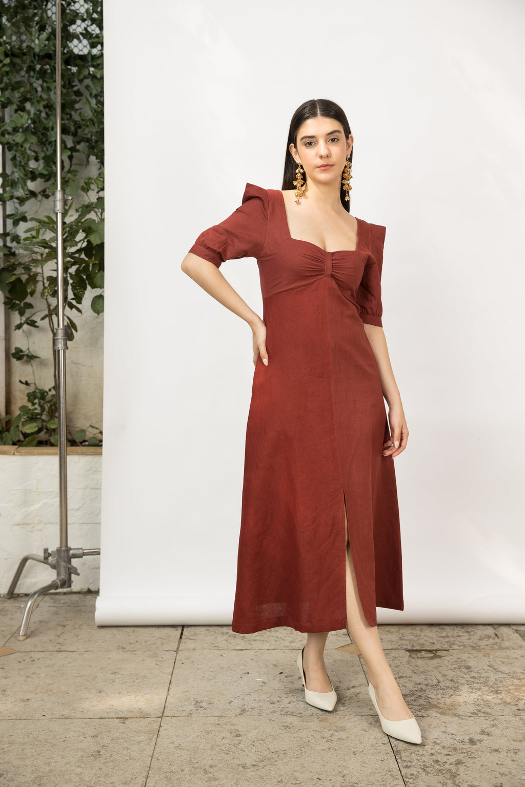 Red Midi Dress with Front Slit by Anushé Pirani with Cotton Hemp, Dresses, Midi Dresses, Nostalgic Whispers, Nostalgic Whispers by Anushe Pirani, Red, Regular Fit, solid, Womenswear at Kamakhyaa for sustainable fashion
