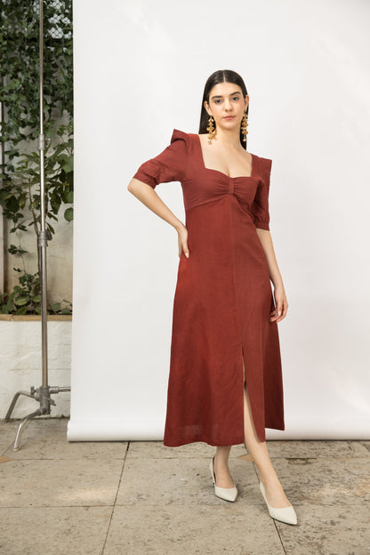 Red Midi Dress with Front Slit by Anushé Pirani with Cotton Hemp, Dresses, Midi Dresses, Nostalgic Whispers, Nostalgic Whispers by Anushe Pirani, Red, Regular Fit, solid, Womenswear at Kamakhyaa for sustainable fashion