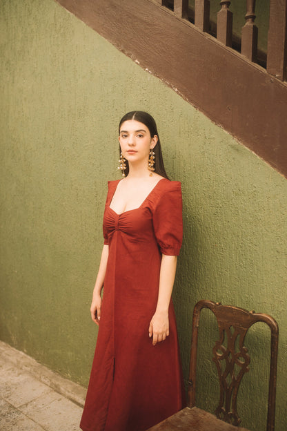 Red Midi Dress with Front Slit by Anushé Pirani with Cotton Hemp, Dresses, Midi Dresses, Nostalgic Whispers, Nostalgic Whispers by Anushe Pirani, Red, Regular Fit, solid, Womenswear at Kamakhyaa for sustainable fashion