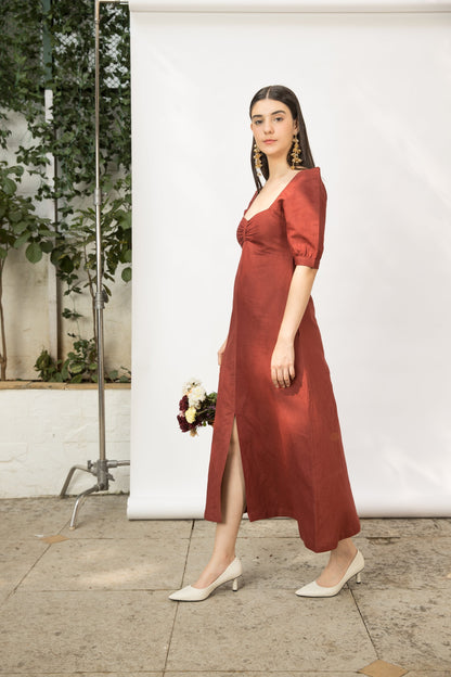 Red Midi Dress with Front Slit by Anushé Pirani with Cotton Hemp, Dresses, Midi Dresses, Nostalgic Whispers, Nostalgic Whispers by Anushe Pirani, Red, Regular Fit, solid, Womenswear at Kamakhyaa for sustainable fashion