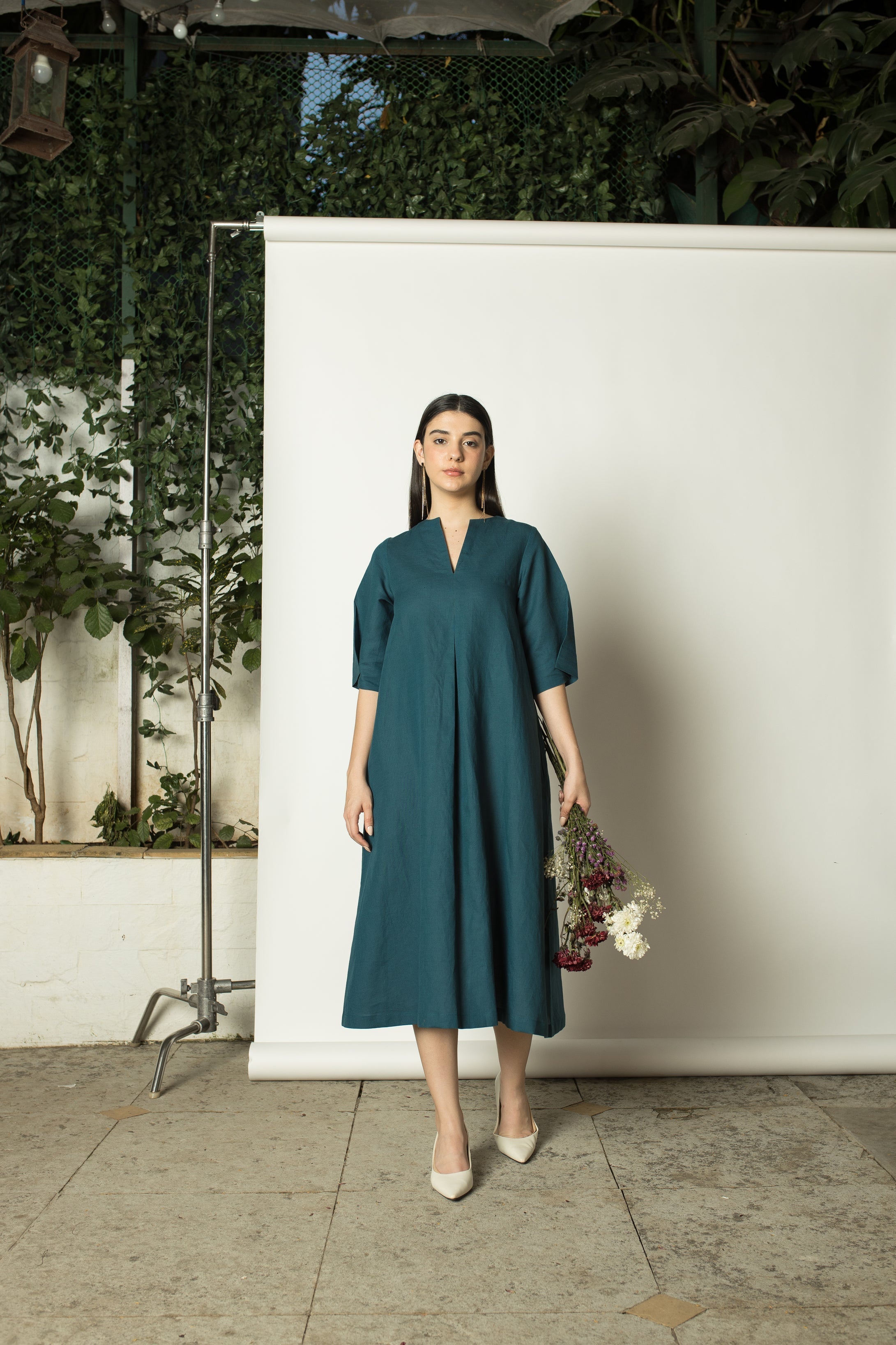 Green Solid Maxi Dress by Anushé Pirani with Cotton Hemp, Dresses, Green, Maxi Dresses, Nostalgic Whispers, Nostalgic Whispers by Anushe Pirani, Relaxed Fit, solid, Womenswear at Kamakhyaa for sustainable fashion