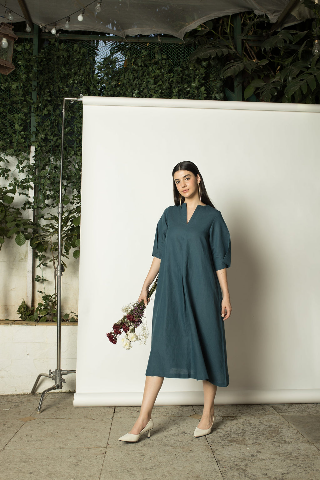 Green Solid Maxi Dress by Anushé Pirani with Cotton Hemp, Dresses, Green, Maxi Dresses, Nostalgic Whispers, Nostalgic Whispers by Anushe Pirani, Relaxed Fit, solid, Womenswear at Kamakhyaa for sustainable fashion