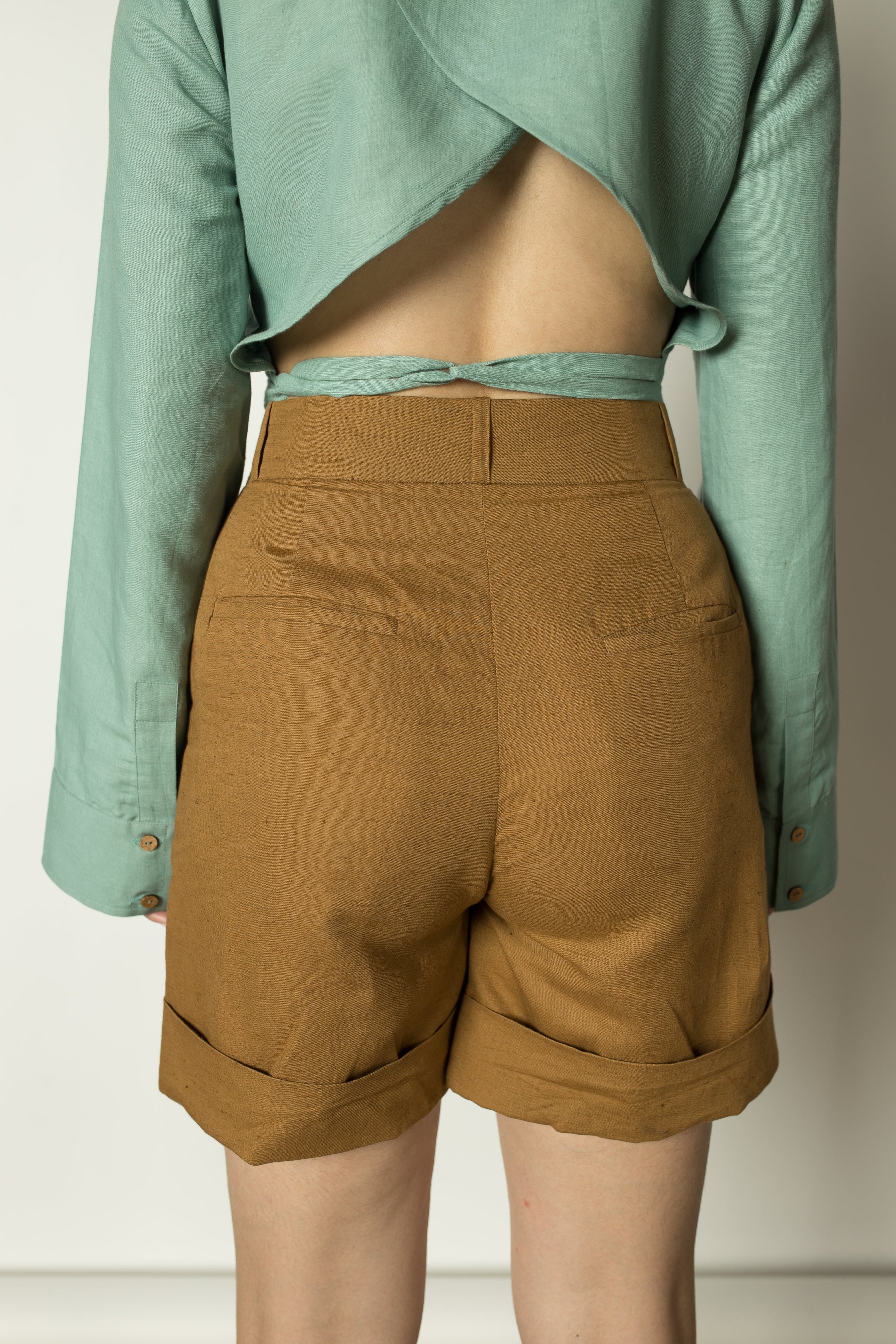 Brown Straight-Leg Shorts by Anushé Pirani with Brown, Cotton Hemp, Nostalgic Whispers, Nostalgic Whispers by Anushe Pirani, Regular Fit, Shorts, solid, Womenswear at Kamakhyaa for sustainable fashion