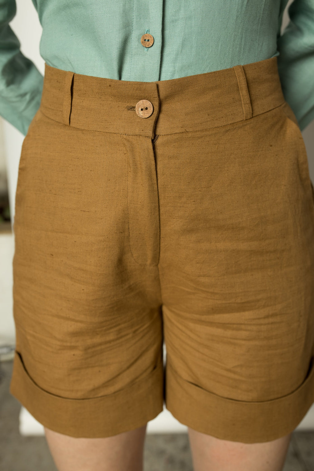 Brown Straight-Leg Shorts by Anushé Pirani with Brown, Cotton Hemp, Nostalgic Whispers, Nostalgic Whispers by Anushe Pirani, Regular Fit, Shorts, solid, Womenswear at Kamakhyaa for sustainable fashion