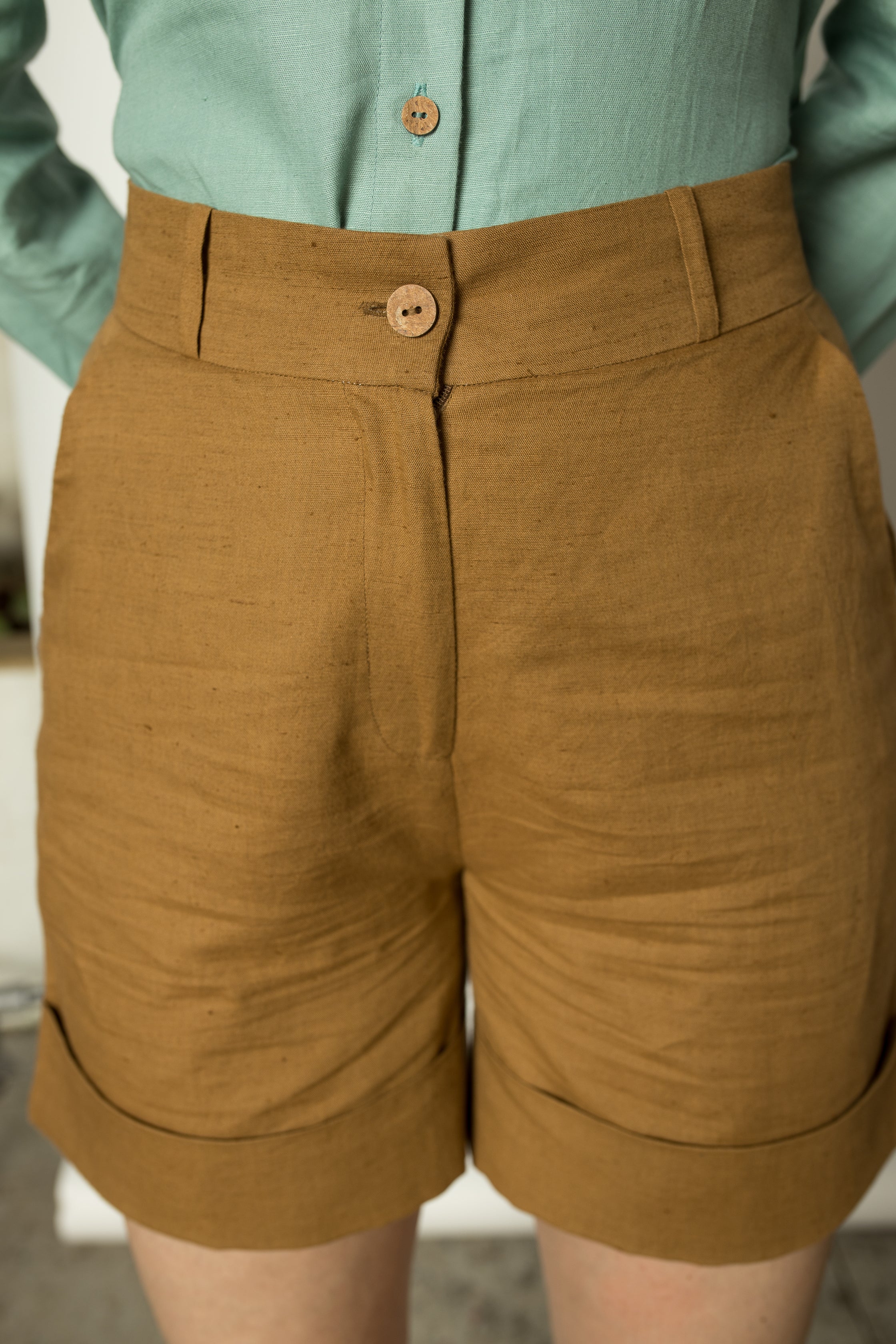Brown Straight-Leg Shorts by Anushé Pirani with Brown, Cotton Hemp, Nostalgic Whispers, Nostalgic Whispers by Anushe Pirani, Regular Fit, Shorts, solid, Womenswear at Kamakhyaa for sustainable fashion