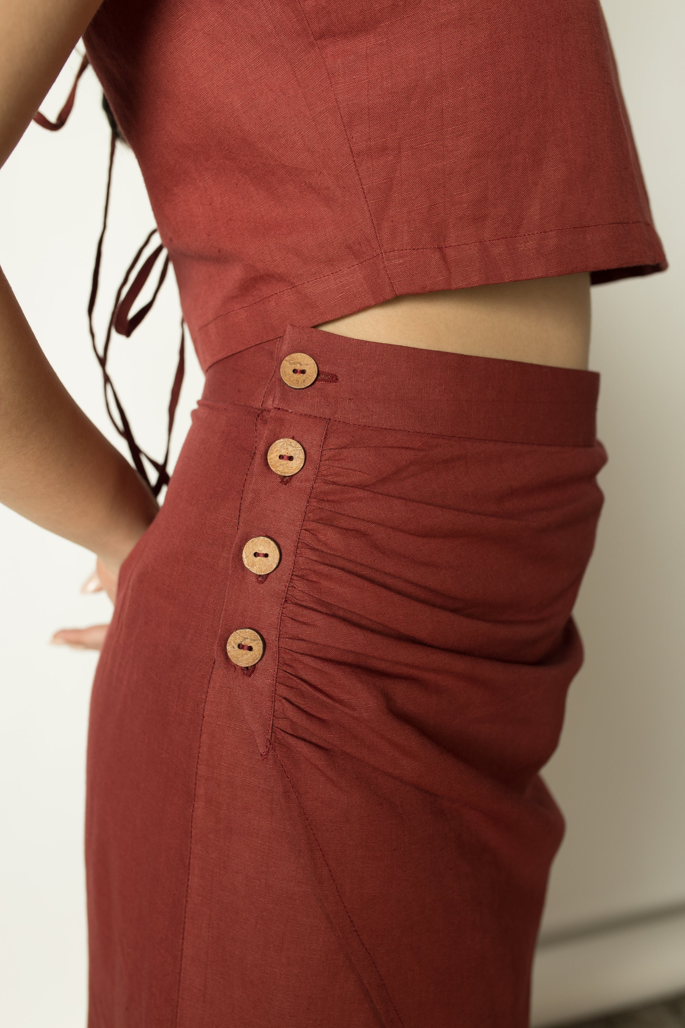 Red Skirt with Buttons by Anushé Pirani with Buttons, Cotton Hemp, Nostalgic Whispers, Nostalgic Whispers by Anushe Pirani, Red, Skirts, Slim Fit, solid, Womenswear at Kamakhyaa for sustainable fashion