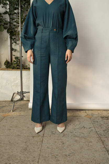 Green Tailored Pants by Anushé Pirani with Cotton Hemp, Green, Nostalgic Whispers, Nostalgic Whispers by Anushe Pirani, Pants, Regular Fit, solid, Womenswear at Kamakhyaa for sustainable fashion