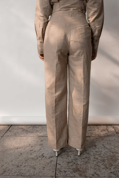 Beige Solid Tailored Pants by Anushé Pirani with Beige, Cotton Hemp, Nostalgic Whispers, Nostalgic Whispers by Anushe Pirani, Pants, Regular Fit, solid, Womenswear at Kamakhyaa for sustainable fashion