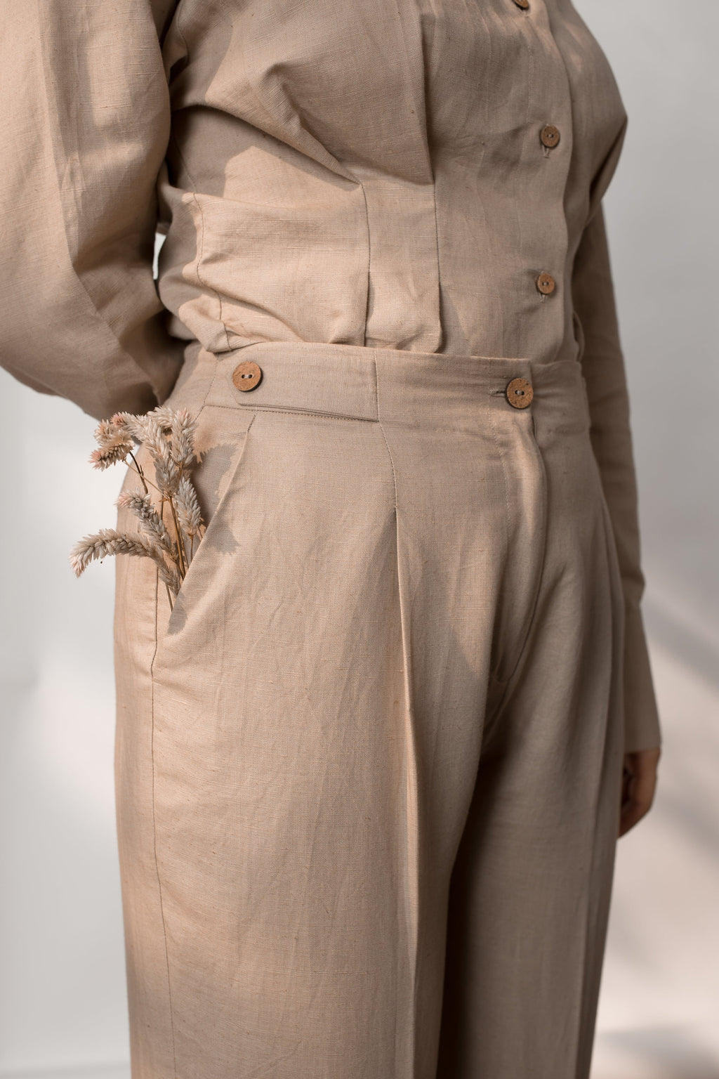 Beige Solid Tailored Pants by Anushé Pirani with Beige, Cotton Hemp, Nostalgic Whispers, Nostalgic Whispers by Anushe Pirani, Pants, Regular Fit, solid, Womenswear at Kamakhyaa for sustainable fashion