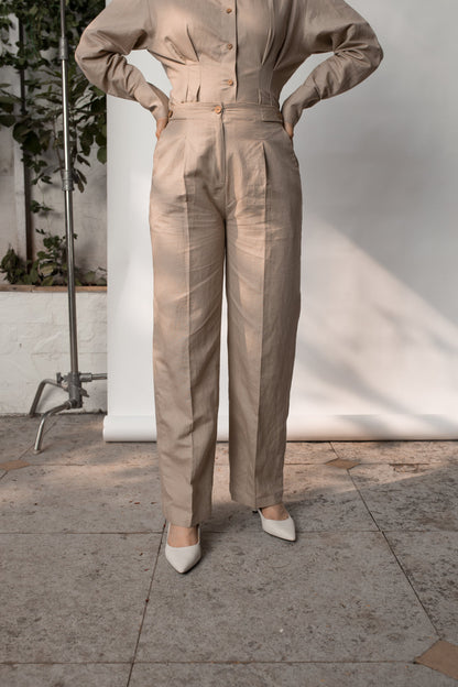 Beige Solid Tailored Pants by Anushé Pirani with Beige, Cotton Hemp, Nostalgic Whispers, Nostalgic Whispers by Anushe Pirani, Pants, Regular Fit, solid, Womenswear at Kamakhyaa for sustainable fashion