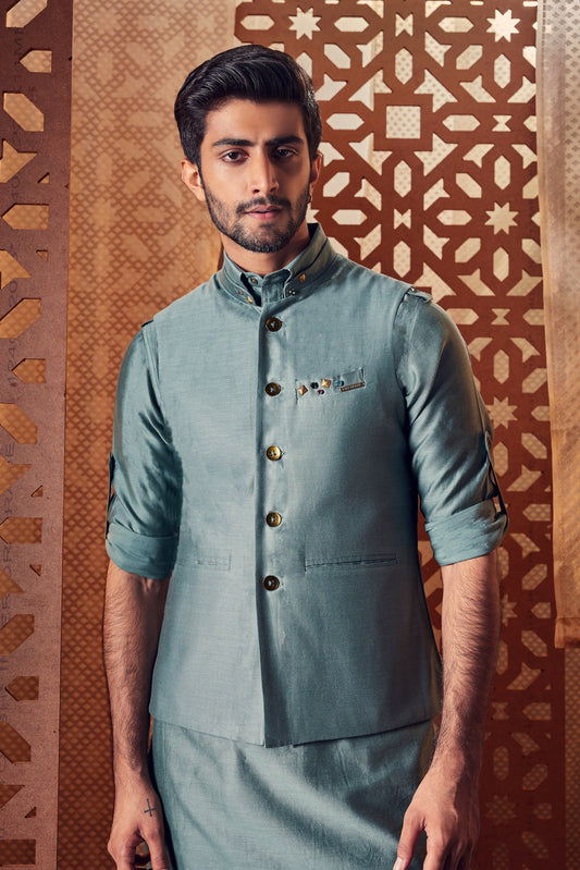 Men's Green Nehru Jacket by Charkhee with Chanderi, Cotton, Embroidered, Ethnic Wear, Green, Indian Wear, Indianwear Jackets, Jackets, Mens Overlay, Menswear, Naayaab, Natural, Nayaab, Nayaab by Charkhee, Nehru Jacket, Relaxed Fit at Kamakhyaa for sustainable fashion