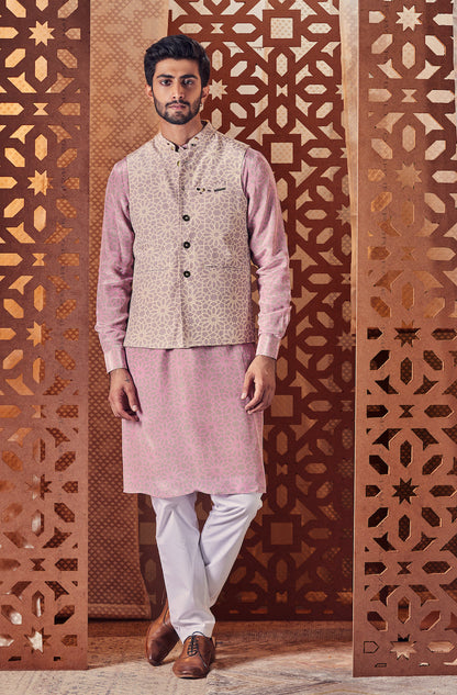 Men's Printed Nehru Jacket by Charkhee with Beige, Cotton, Crepe, Embroidered, Ethnic Wear, Indian Wear, Indianwear Jackets, Jackets, Mens Overlay, Menswear, Naayaab, Natural, Nayaab, Nayaab by Charkhee, Nehru Jacket, Relaxed Fit at Kamakhyaa for sustainable fashion