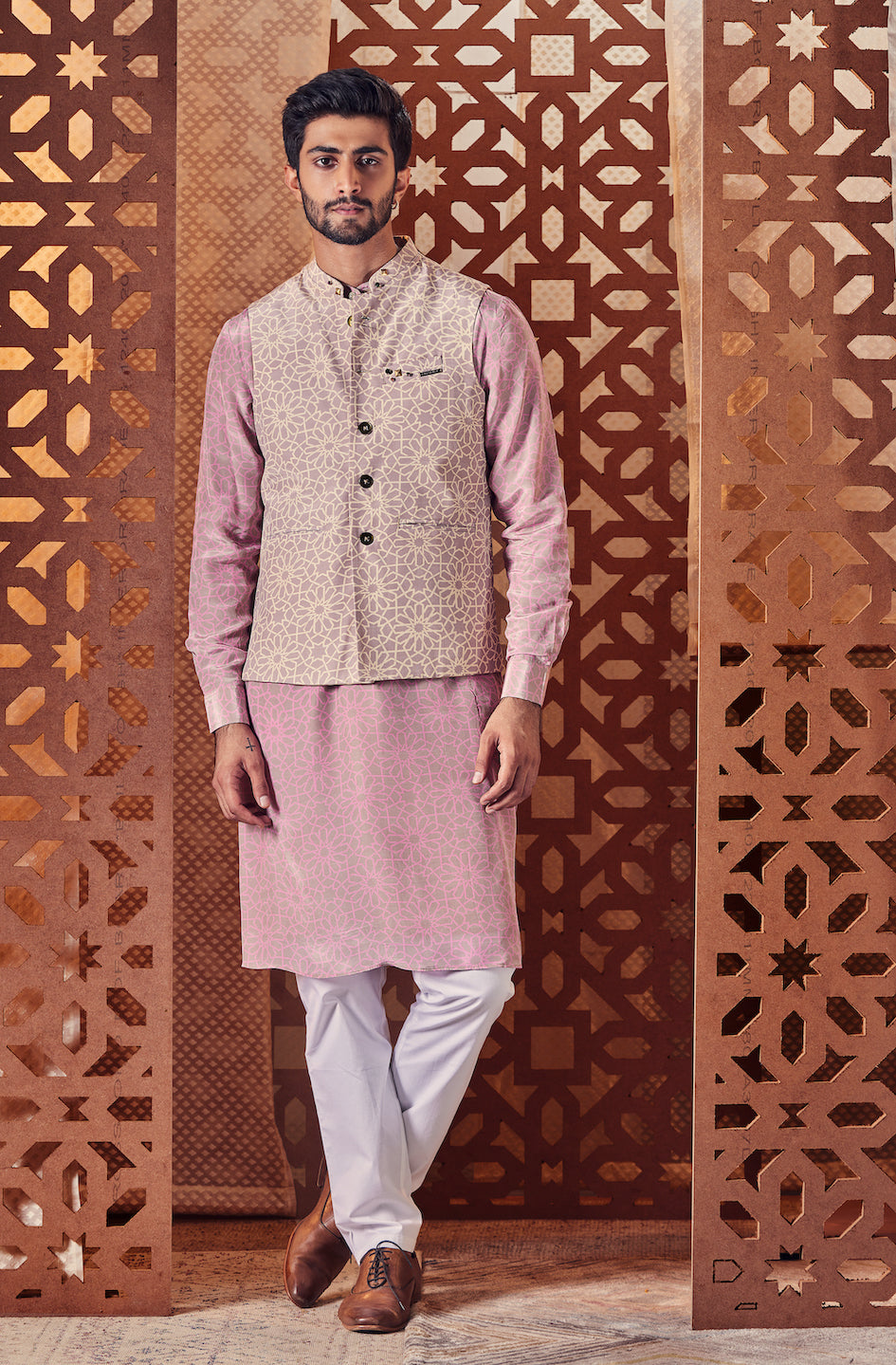 Men's Pink Printed Kurta with Pant - Set of 2 by Charkhee with Cotton, Crepe, Embroidered, Ethnic Wear, For Him, Kurta Pant Sets, Mens Co-ords, Menswear, Naayaab, Natural, Nayaab, Nayaab by Charkhee, Pink, Poplin, Relaxed Fit at Kamakhyaa for sustainable fashion