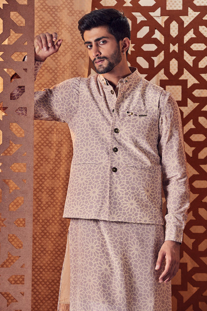 Men's Printed Nehru Jacket by Charkhee with Beige, Cotton, Crepe, Embroidered, Ethnic Wear, Indian Wear, Indianwear Jackets, Jackets, Mens Overlay, Menswear, Naayaab, Natural, Nayaab, Nayaab by Charkhee, Nehru Jacket, Relaxed Fit at Kamakhyaa for sustainable fashion