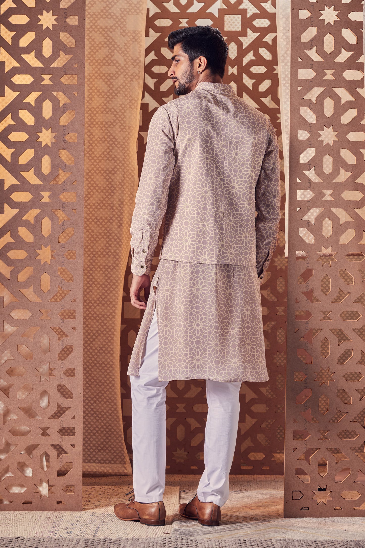 Men's Printed Nehru Jacket by Charkhee with Beige, Cotton, Crepe, Embroidered, Ethnic Wear, Indian Wear, Indianwear Jackets, Jackets, Mens Overlay, Menswear, Naayaab, Natural, Nayaab, Nayaab by Charkhee, Nehru Jacket, Relaxed Fit at Kamakhyaa for sustainable fashion