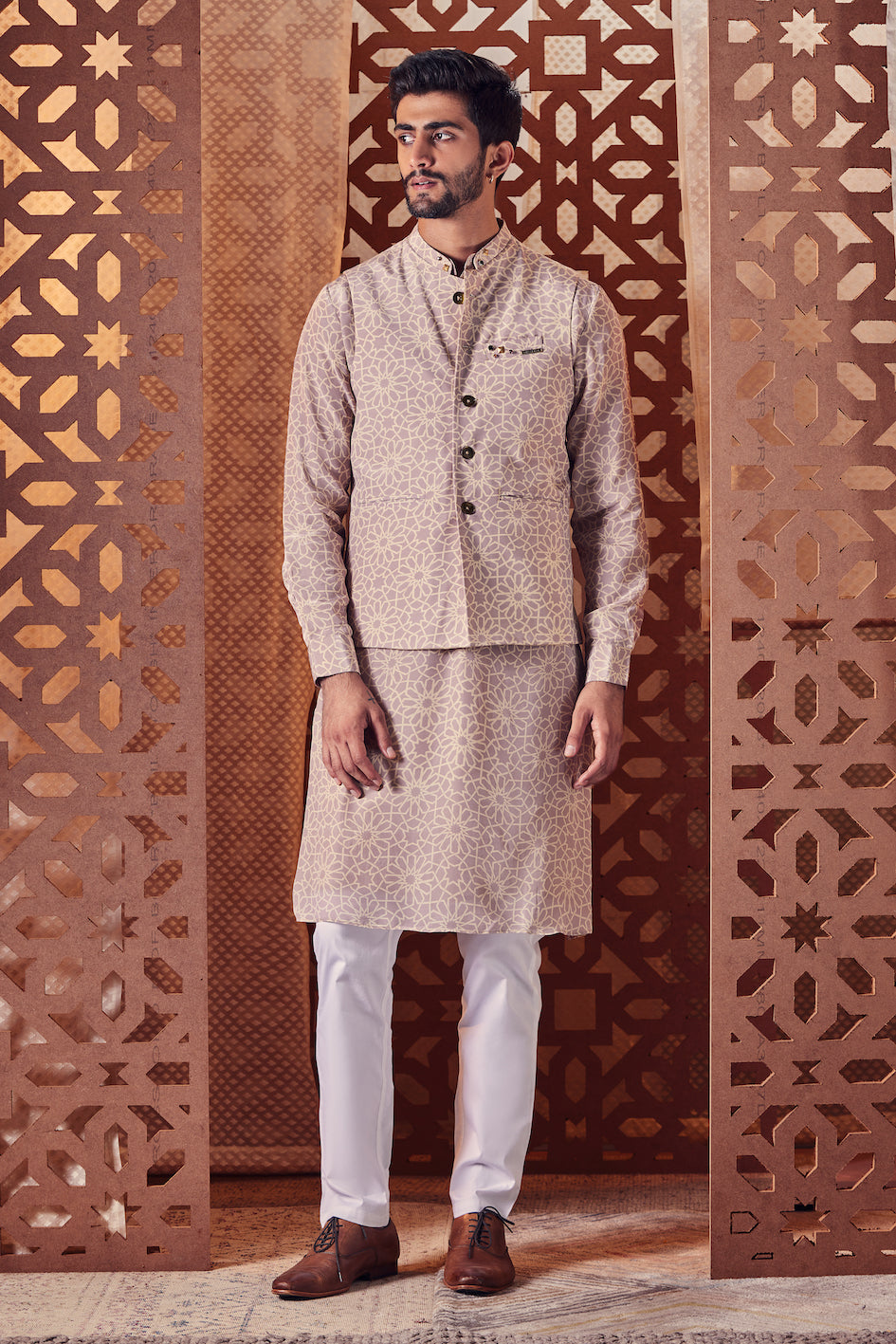Men's Printed Nehru Jacket by Charkhee with Beige, Cotton, Crepe, Embroidered, Ethnic Wear, Indian Wear, Indianwear Jackets, Jackets, Mens Overlay, Menswear, Naayaab, Natural, Nayaab, Nayaab by Charkhee, Nehru Jacket, Relaxed Fit at Kamakhyaa for sustainable fashion