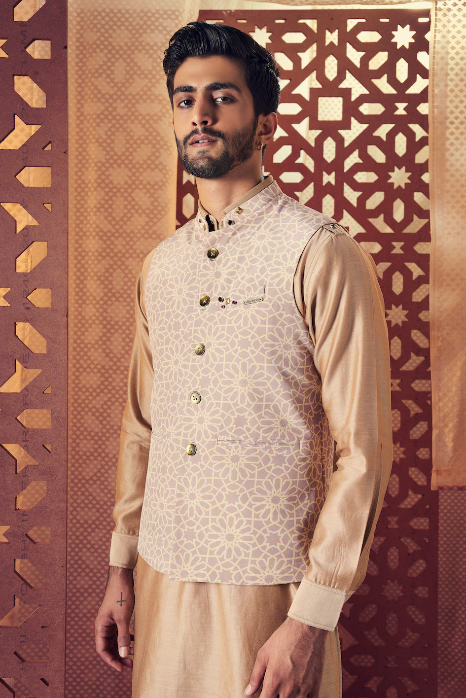 Men's Printed Nehru Jacket by Charkhee with Beige, Cotton, Crepe, Embroidered, Ethnic Wear, Indian Wear, Indianwear Jackets, Jackets, Mens Overlay, Menswear, Naayaab, Natural, Nayaab, Nayaab by Charkhee, Nehru Jacket, Relaxed Fit at Kamakhyaa for sustainable fashion