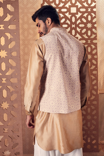 Men's Printed Nehru Jacket by Charkhee with Beige, Cotton, Crepe, Embroidered, Ethnic Wear, Indian Wear, Indianwear Jackets, Jackets, Mens Overlay, Menswear, Naayaab, Natural, Nayaab, Nayaab by Charkhee, Nehru Jacket, Relaxed Fit at Kamakhyaa for sustainable fashion