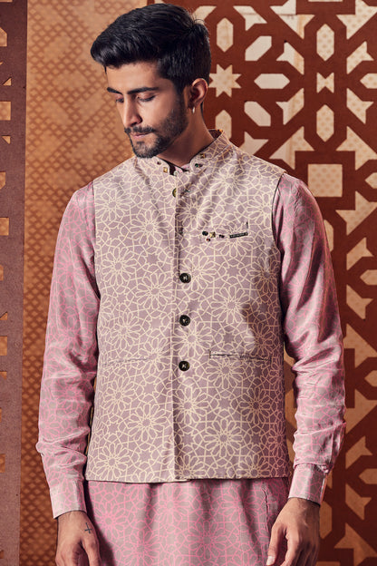 Men's Printed Nehru Jacket by Charkhee with Beige, Cotton, Crepe, Embroidered, Ethnic Wear, Indian Wear, Indianwear Jackets, Jackets, Mens Overlay, Menswear, Naayaab, Natural, Nayaab, Nayaab by Charkhee, Nehru Jacket, Relaxed Fit at Kamakhyaa for sustainable fashion