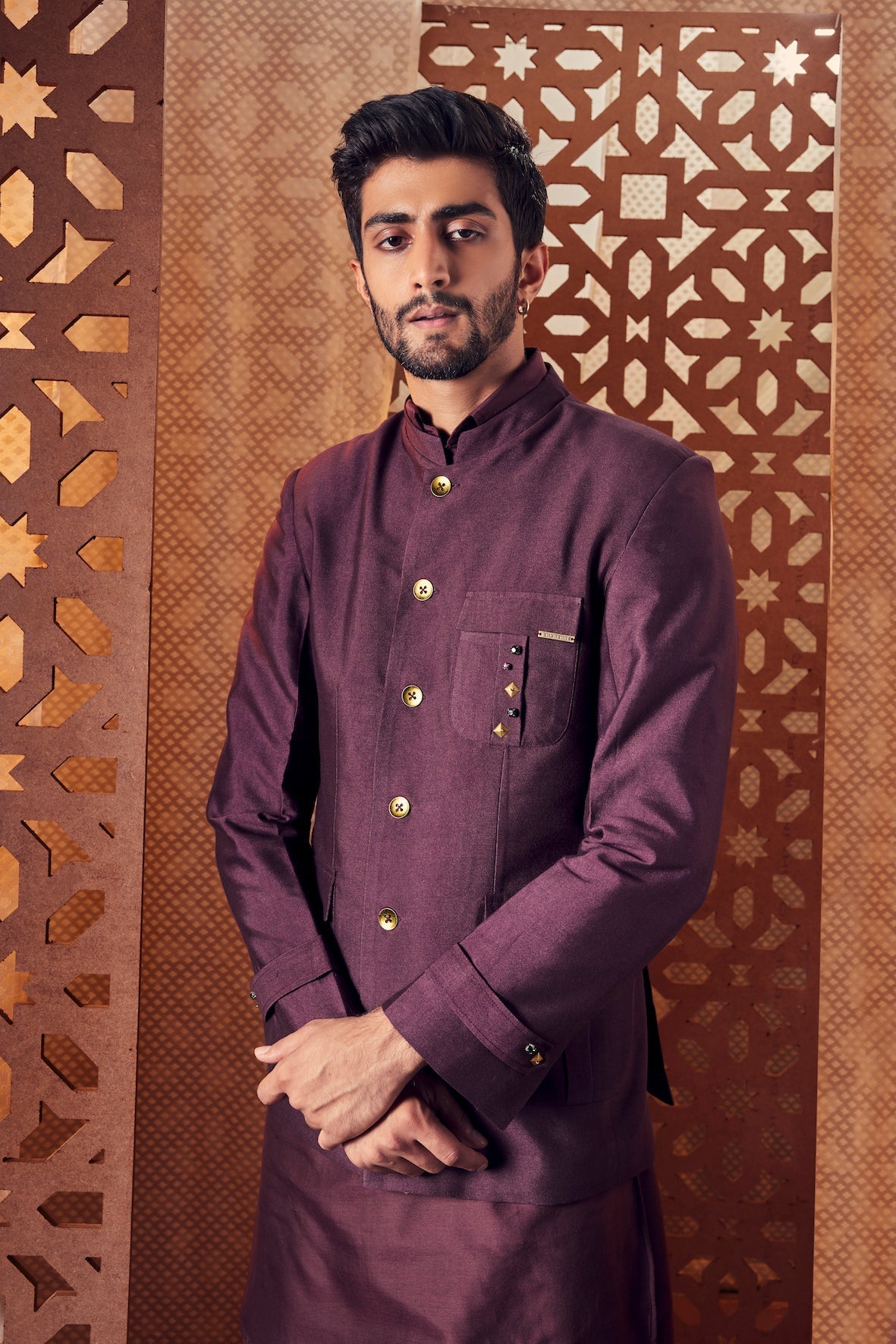 Men's Brown Blazer by Charkhee with Banana Silk, Blazers, Brown, Crepe, Embroidered, Ethnic Wear, For Him, Mens Overlay, Menswear, Naayaab, Natural, Nayaab by Charkhee, Relaxed Fit at Kamakhyaa for sustainable fashion