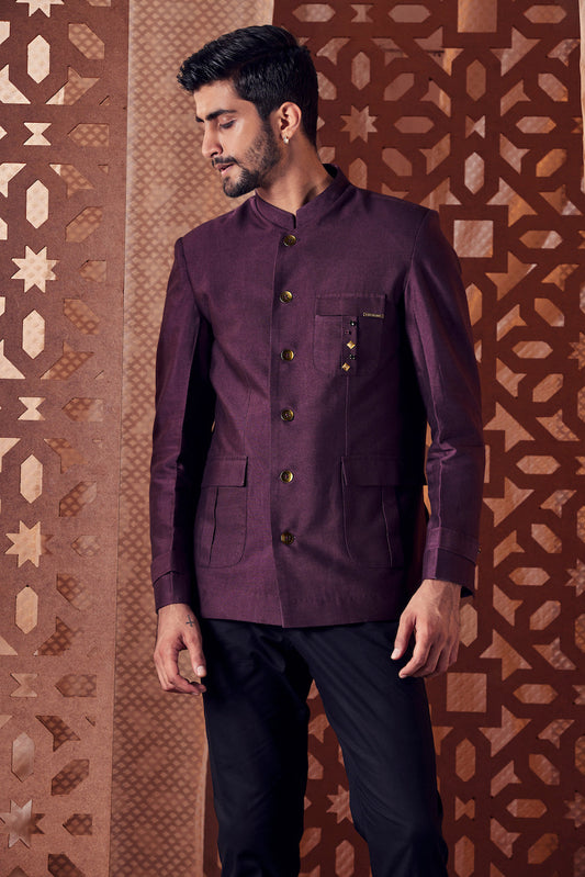 Men's Brown Blazer by Charkhee with Banana Silk, Blazers, Brown, Crepe, Embroidered, Ethnic Wear, For Him, Mens Overlay, Menswear, Naayaab, Natural, Nayaab by Charkhee, Relaxed Fit at Kamakhyaa for sustainable fashion