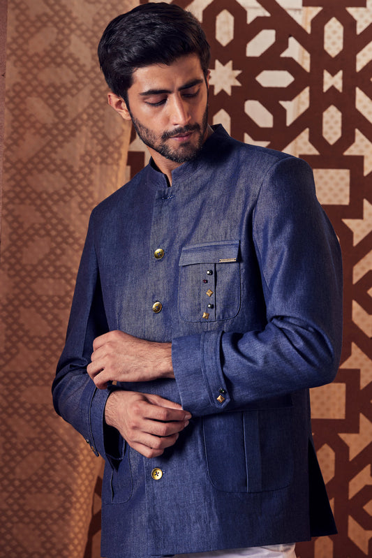 Men's Blue Denim Blazer by Charkhee with Black, Blazers, Blue, Crepe, Denim, Embroidered, Ethnic Wear, Mens Overlay, Menswear, Naayaab, Natural, Nayaab by Charkhee, Relaxed Fit at Kamakhyaa for sustainable fashion