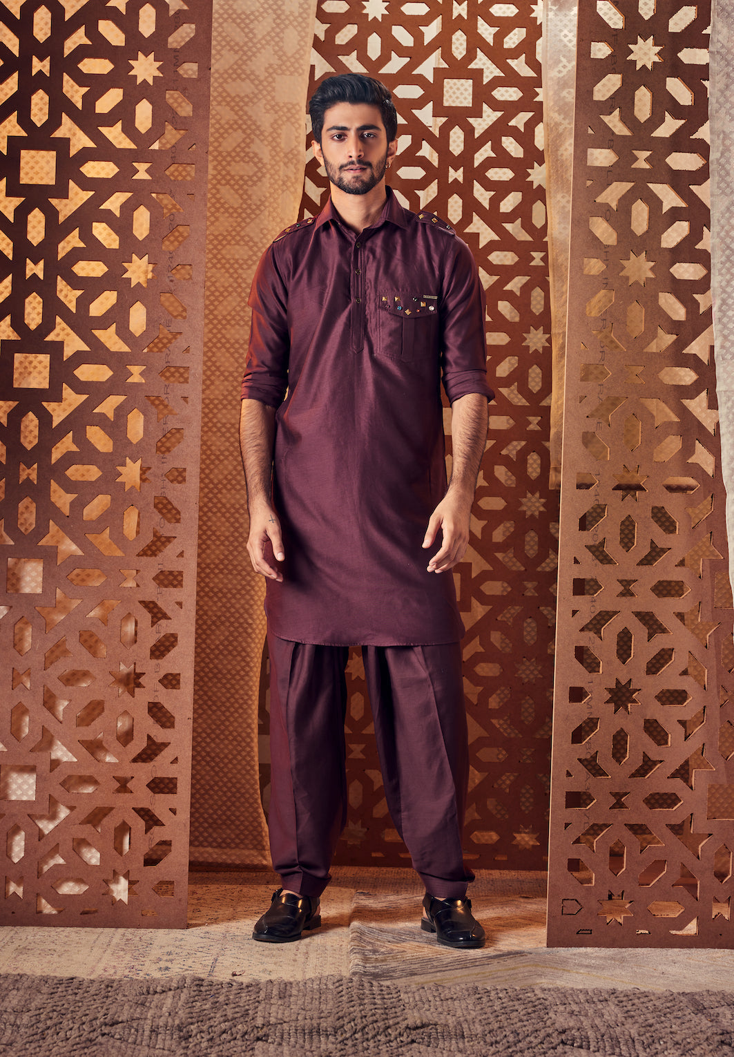 Men's Brown Pathani with Salwar - Set of 2 by Charkhee with Brown, Chanderi, Cotton, Embroidered, Ethnic Wear, For Father, Kurta Salwar Sets, Mens Co-ords, Menswear, Naayaab, Natural, Nayaab, Nayaab by Charkhee, Pathani Kurta set, Relaxed Fit at Kamakhyaa for sustainable fashion