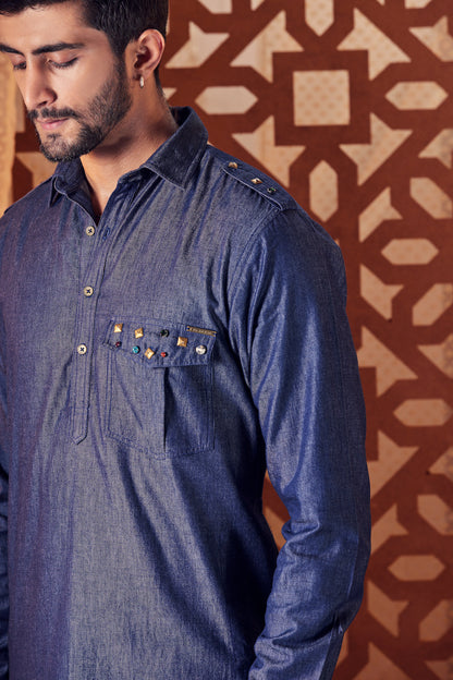 Men's Blue Pathani with Salwar - Set of 2 Blue, Cotton, Denim, Embroidered, Ethnic Wear, Naayaab, Natural, Kurta set, Relaxed Fit, White Kamakhyaa
