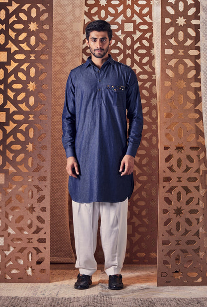 Men's Blue Pathani with Salwar - Set of 2 Blue, Cotton, Denim, Embroidered, Ethnic Wear, Naayaab, Natural, Kurta set, Relaxed Fit, White Kamakhyaa